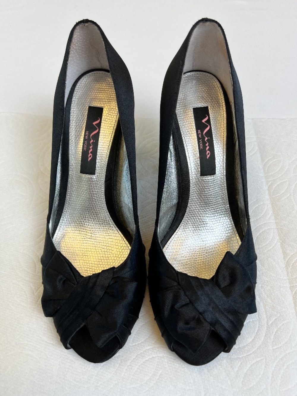*FIRM PRICE* Nina New York Forbes Peep-Toe Black Satin Pumps